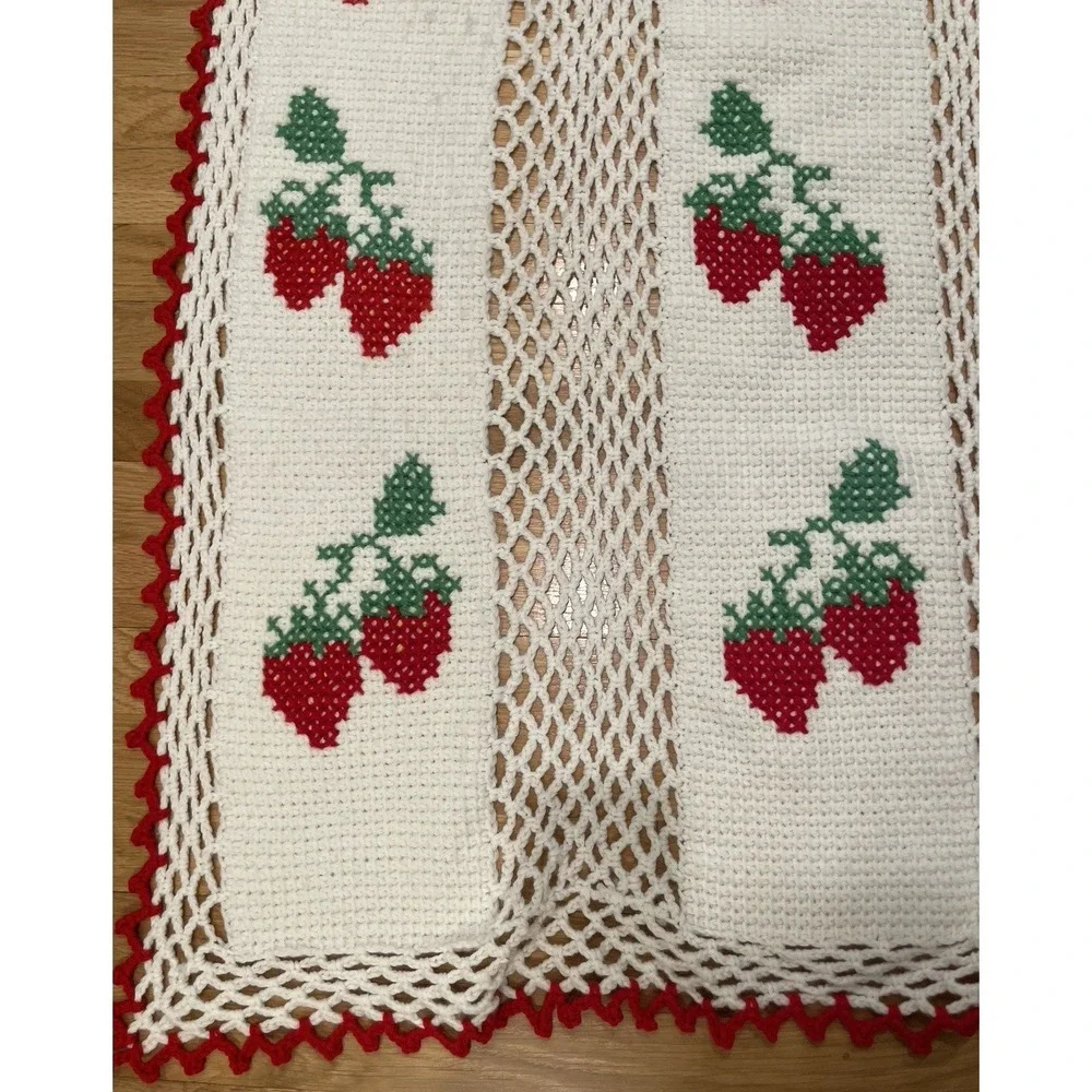 Handmade Crochet Strawberry Blanket 60 in x 40 in White Homemade Granny Cottage